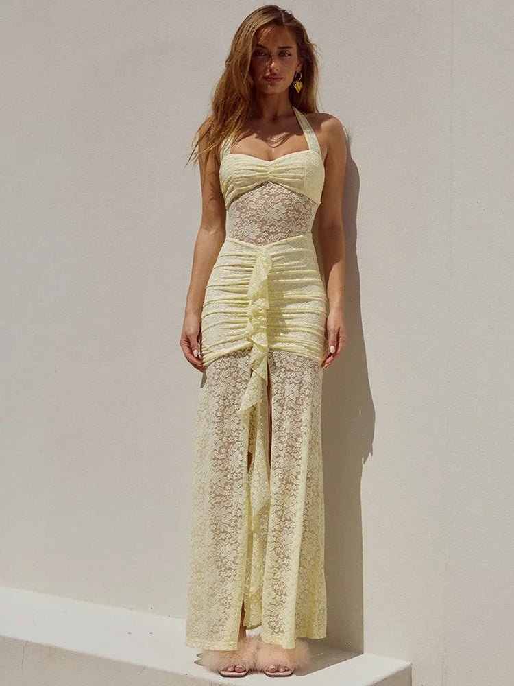 Lace Draped Maxi Dress – Elegant Backless Halter - HalleBeauty